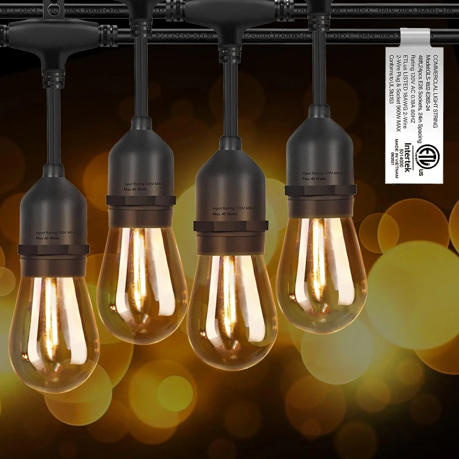 𝟒𝟖𝑭𝑻 LED Outdoor String Lights with 𝟮𝟰 Weatherproof Shatterproof Edison 𝑳𝑬𝑫 𝑩𝒖𝒍𝒃𝒔(2 𝑺𝒑𝒂𝒓𝒆)，Commercial Grade Waterproof Hanging Lights for Backyard Porch Balcony Party