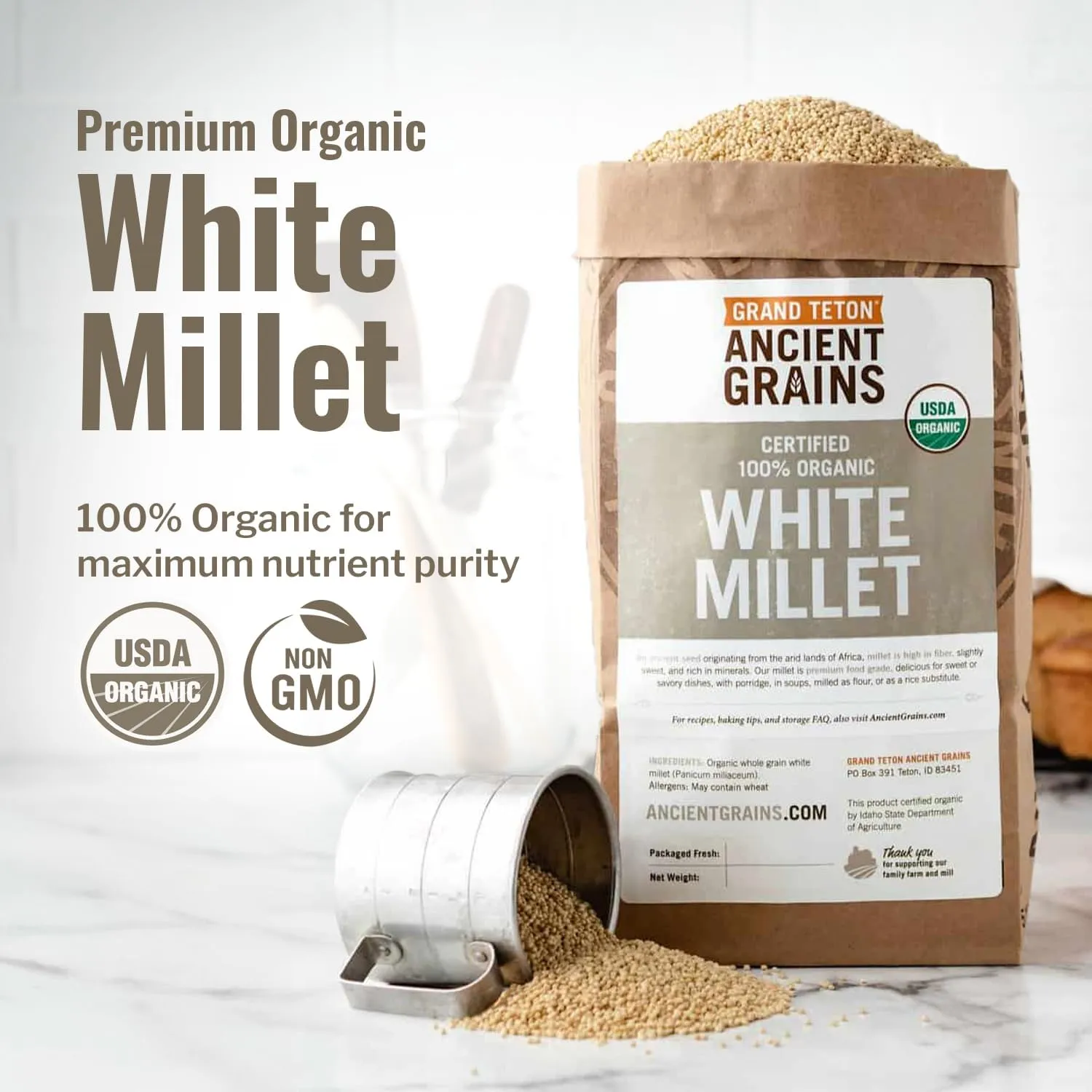 100% Organic White Millet by Grand Teton Ancient Grains | Shelled, Gluten-Free, Hulled Grain for Salads, Pilafs, & Soups | Whole Grain Ready for Milling, (5 Pounds)