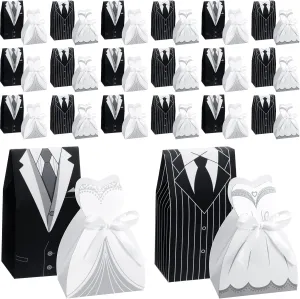 100 Pcs Wedding Party Favor Boxes Dress Tuxedo Candy Chocolate Gift Box Creative Vintage Wedding Treat Bags Bulk with Ribbon for Birthday Bridal Shower Guests Decoration Party Supplies (Classic Style)