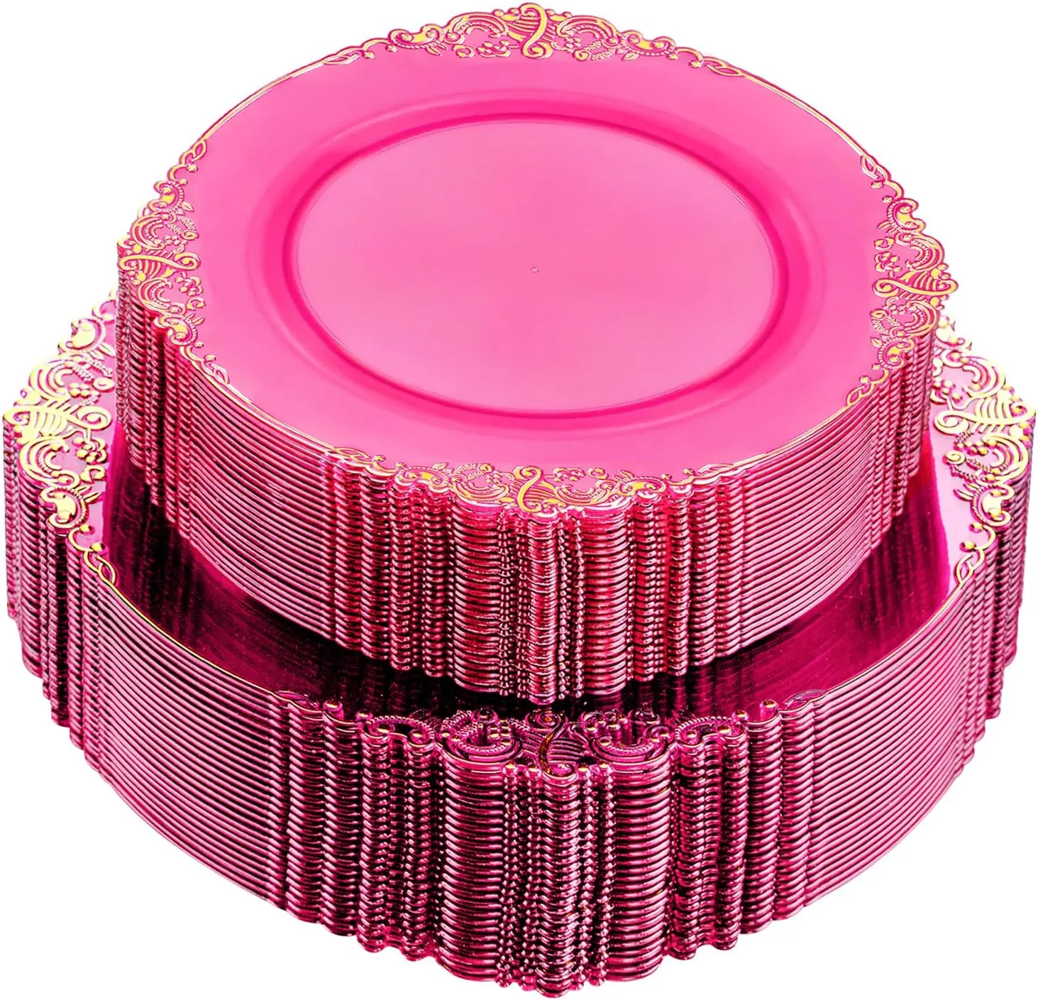 102PCS Clear Hot Pink Plastic Plates - Pink Disposable Plate with Gold Rim - Hot Pink Party Plates Include 51PCS 7.5inch Dessert & 10.25inch Dinner Plate for Wedding Birthday Party