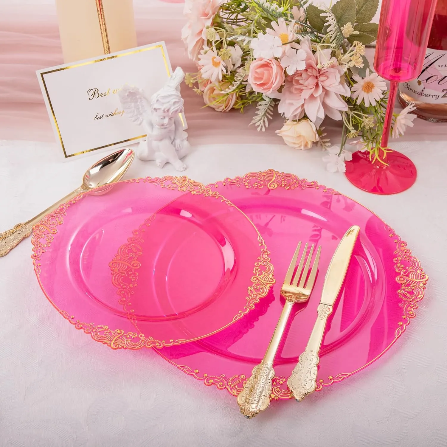 102PCS Clear Hot Pink Plastic Plates - Pink Disposable Plate with Gold Rim - Hot Pink Party Plates Include 51PCS 7.5inch Dessert & 10.25inch Dinner Plate for Wedding Birthday Party