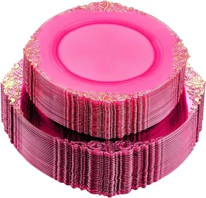 102PCS Clear Hot Pink Plastic Plates - Pink Disposable Plate with Gold Rim - Hot Pink Party Plates Include 51PCS 7.5inch Dessert & 10.25inch Dinner Plate for Wedding Birthday Party