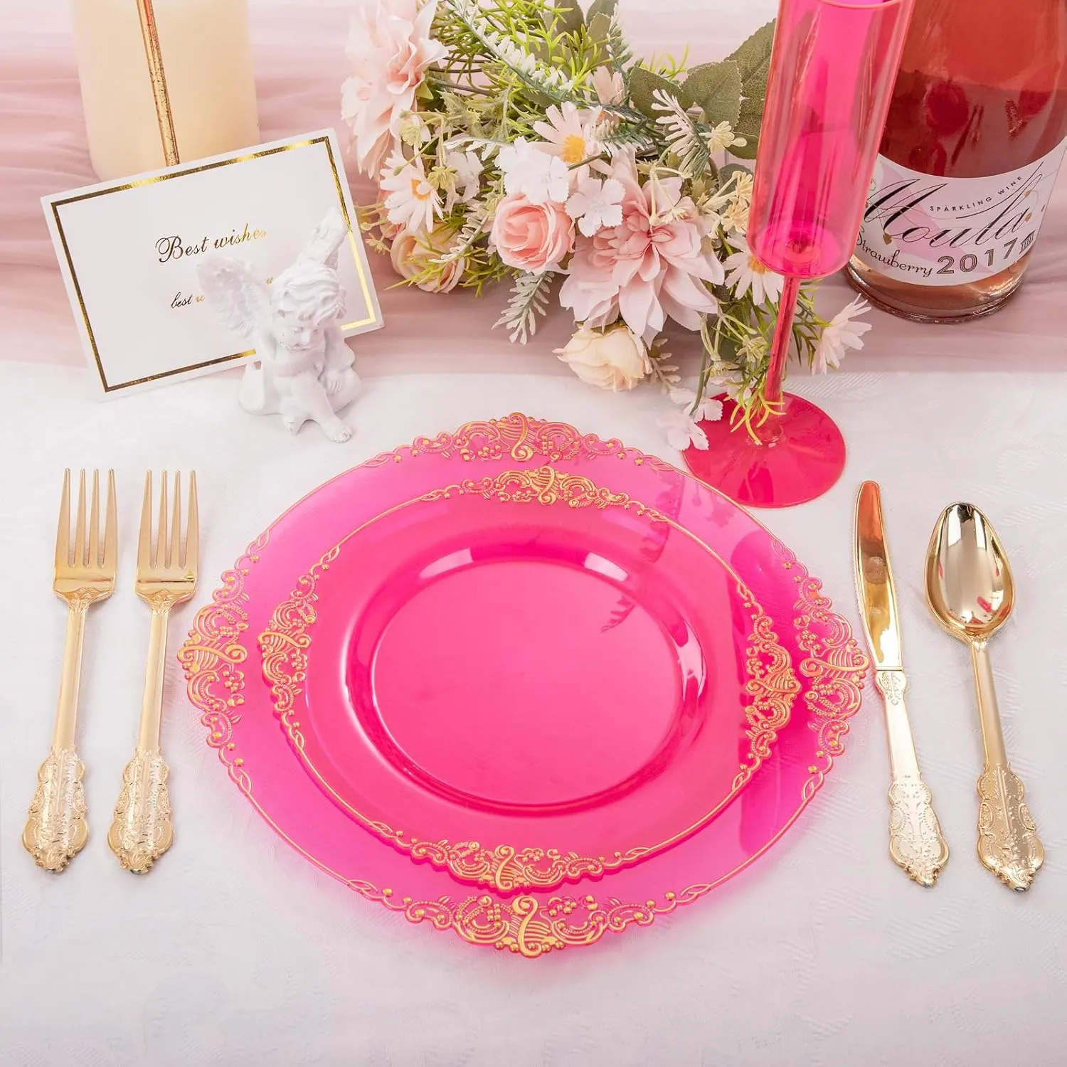 102PCS Clear Hot Pink Plastic Plates - Pink Disposable Plate with Gold Rim - Hot Pink Party Plates Include 51PCS 7.5inch Dessert & 10.25inch Dinner Plate for Wedding Birthday Party