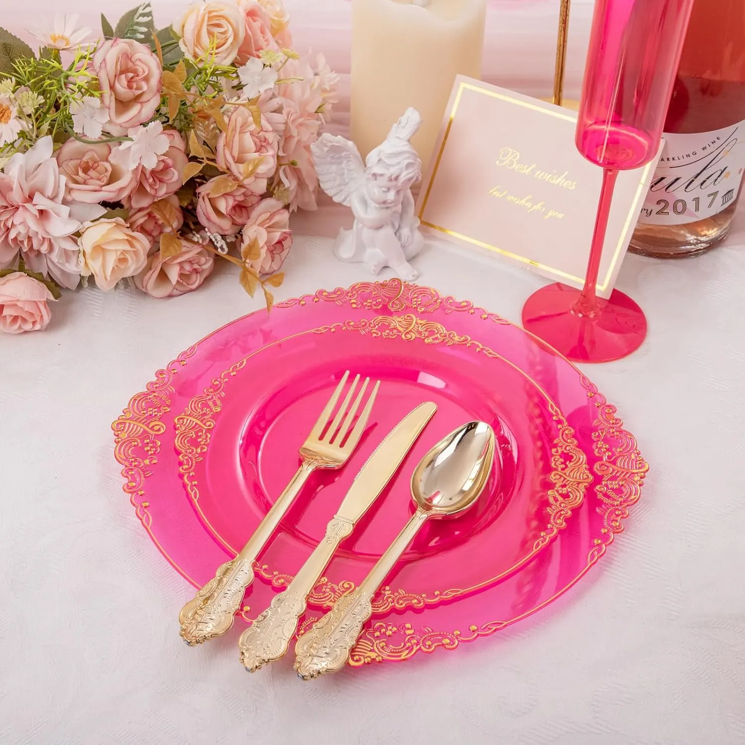 102PCS Clear Hot Pink Plastic Plates - Pink Disposable Plate with Gold Rim - Hot Pink Party Plates Include 51PCS 7.5inch Dessert & 10.25inch Dinner Plate for Wedding Birthday Party