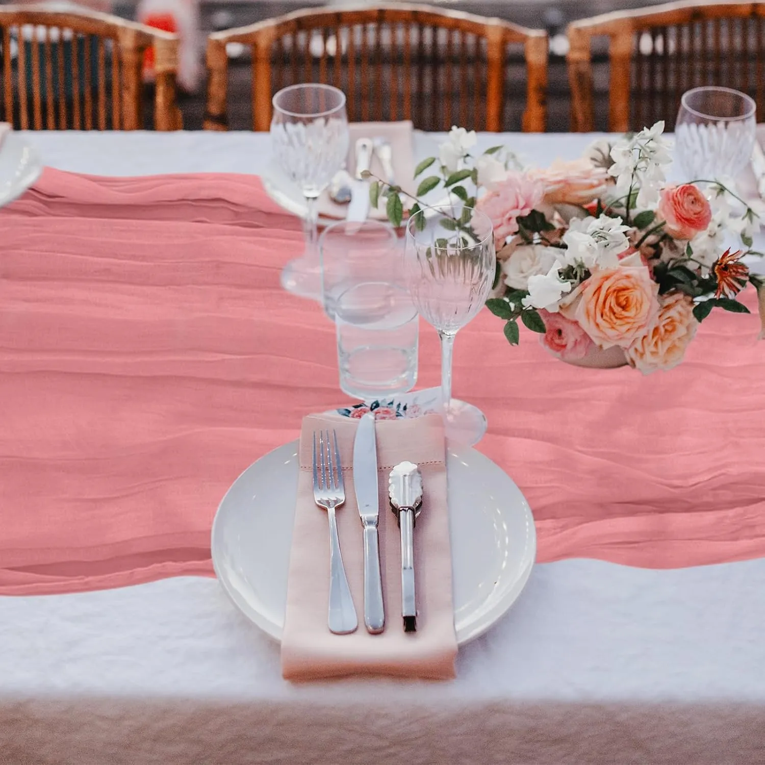 12 Pack Cheesecloth Table Runner, Runner Gauze Boho Wedding Decor Romantic Table Runner for Wedding Birthday Party(35" x 118")(Pink)
