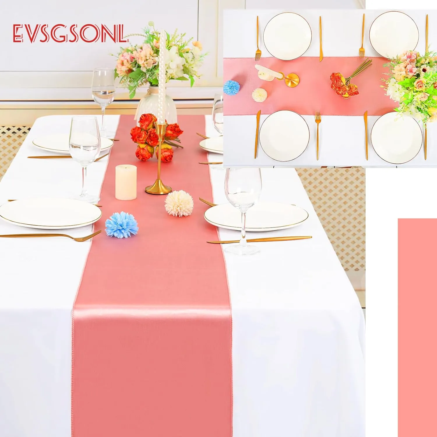 12 Pack Coral Satin Table Runner, 12 Inch × 72 Inch Bright Silk Table Runner for Wedding,Party,Banquet,Events,Graduations Decoration fit Rectangular and Round Table