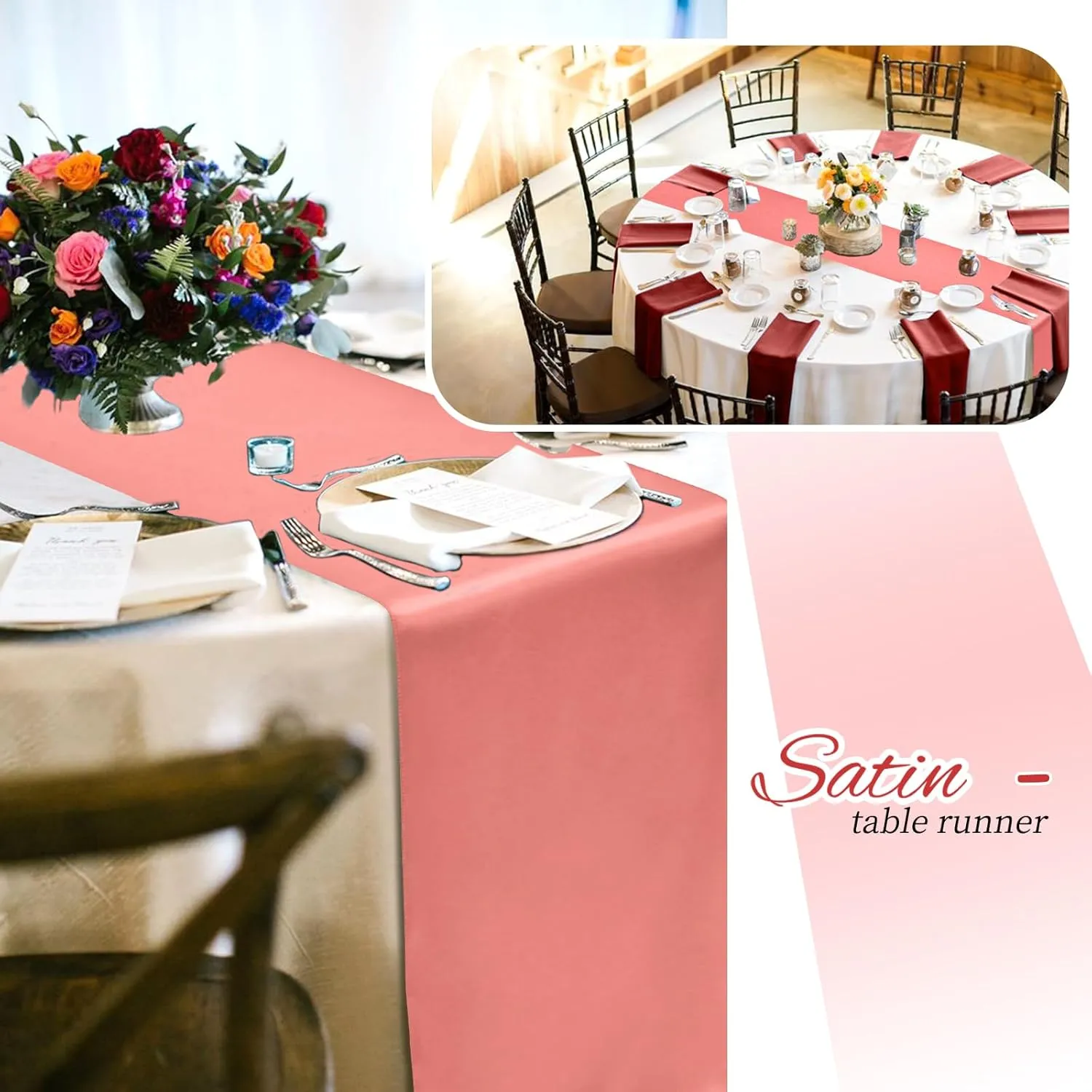 12 Pack Coral Satin Table Runner, 12 Inch × 72 Inch Bright Silk Table Runner for Wedding,Party,Banquet,Events,Graduations Decoration fit Rectangular and Round Table