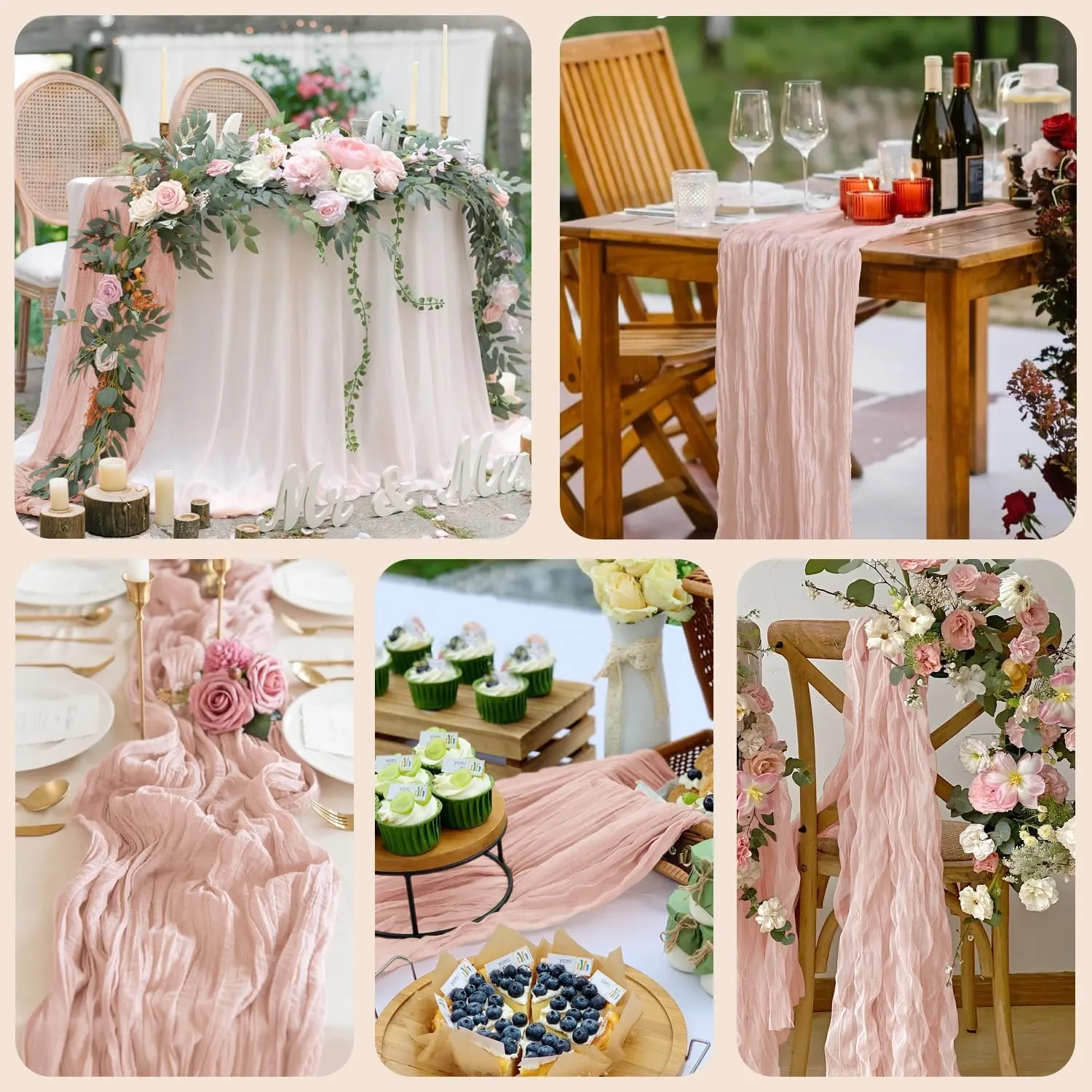 12PCS Table Runner Cheesecloth 10FT Dusty Pink Boho Gauze Cheese Cloth Rustic Sheer Table Runners for SpringWedding Bridal Baby Shower Party Decoration