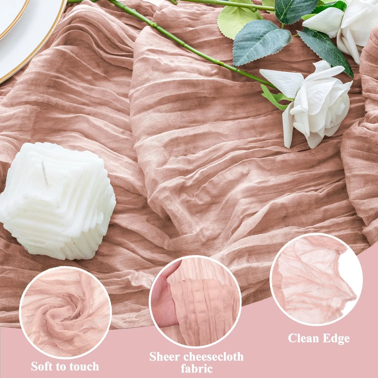 12PCS Table Runner Cheesecloth 10FT Dusty Pink Boho Gauze Cheese Cloth Rustic Sheer Table Runners for SpringWedding Bridal Baby Shower Party Decoration