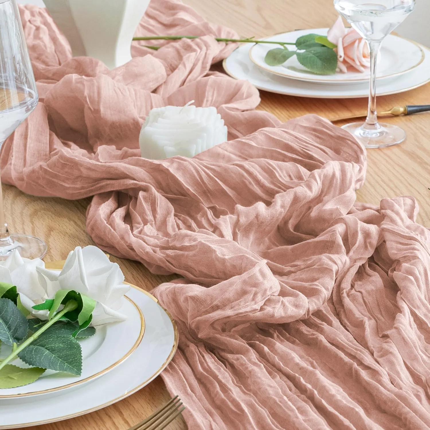 12PCS Table Runner Cheesecloth 10FT Dusty Pink Boho Gauze Cheese Cloth Rustic Sheer Table Runners for SpringWedding Bridal Baby Shower Party Decoration