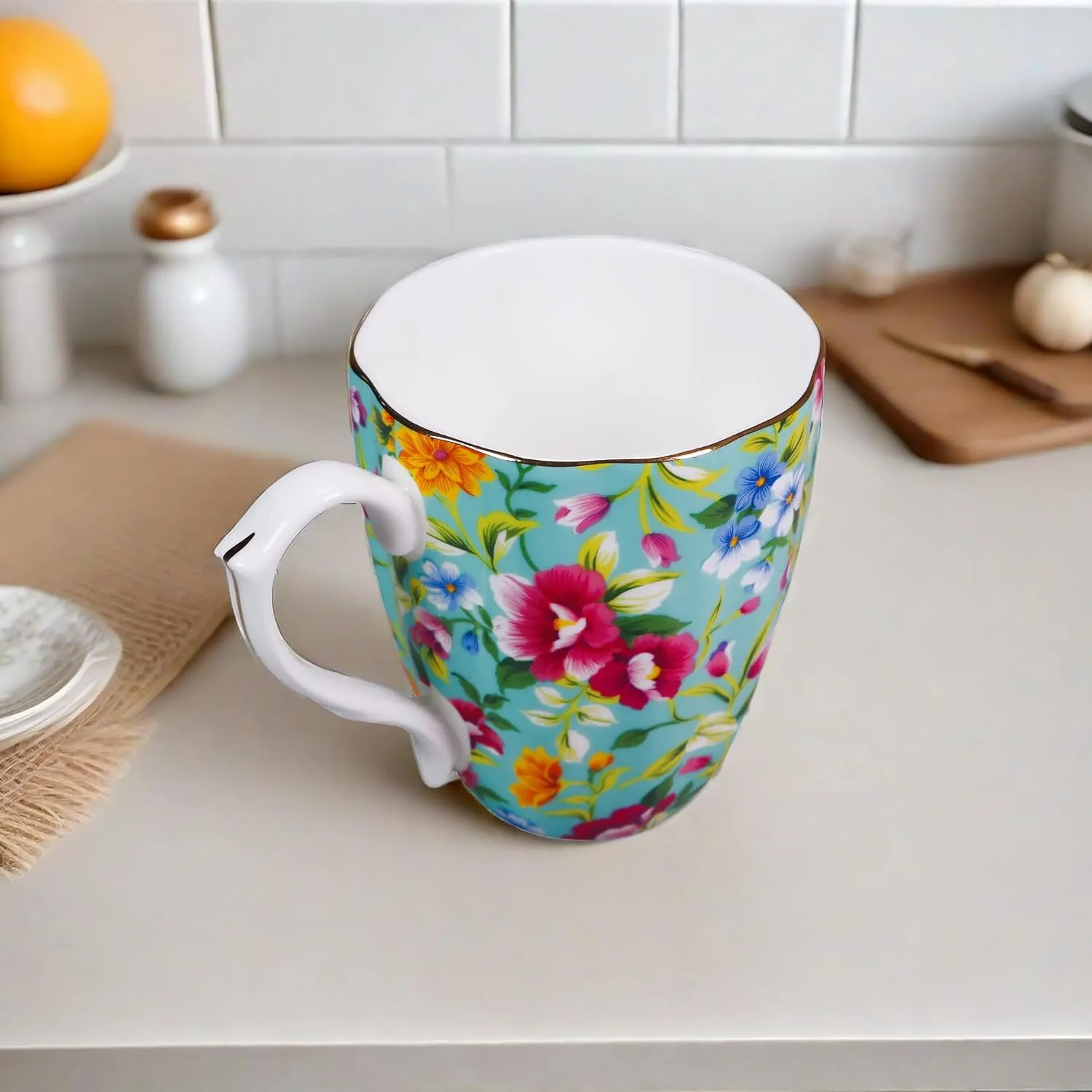 14oz Floral Mug Porcelain Coffee Tea Cups - Novetly Floral Coffee Mugs Flower Coffee Mugs for Women Men - Christmas Birthday Gifts for Dad Mom Brother Friend(Green)