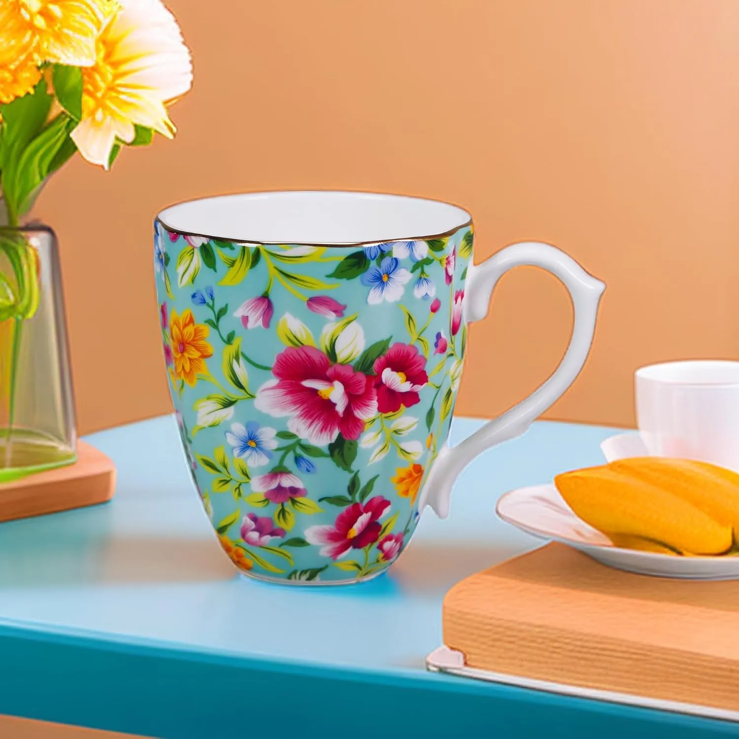 14oz Floral Mug Porcelain Coffee Tea Cups - Novetly Floral Coffee Mugs Flower Coffee Mugs for Women Men - Christmas Birthday Gifts for Dad Mom Brother Friend(Green)