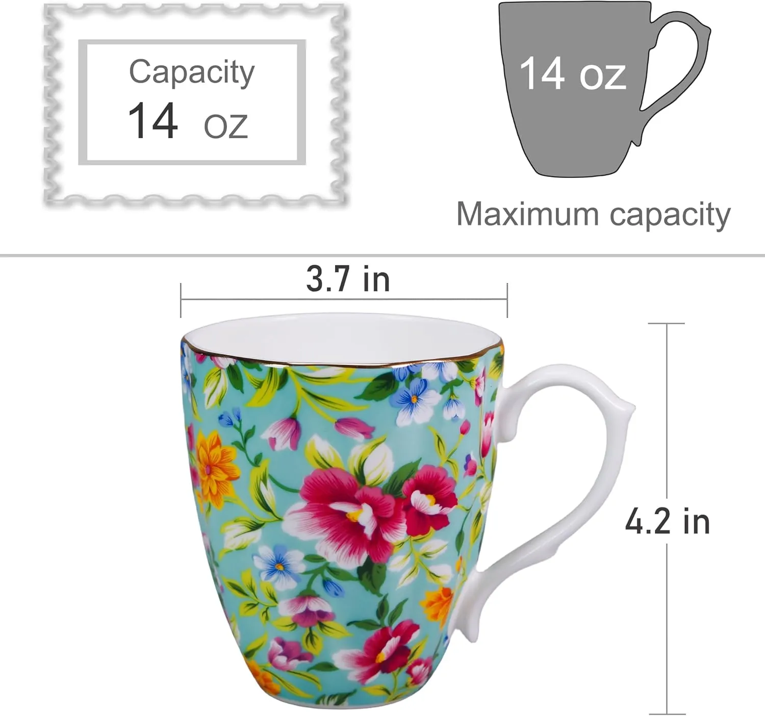 14oz Floral Mug Porcelain Coffee Tea Cups - Novetly Floral Coffee Mugs Flower Coffee Mugs for Women Men - Christmas Birthday Gifts for Dad Mom Brother Friend(Green)