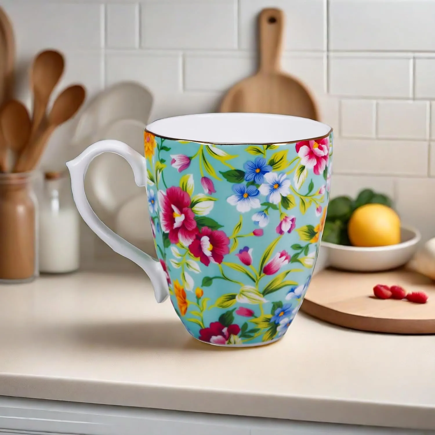 14oz Floral Mug Porcelain Coffee Tea Cups - Novetly Floral Coffee Mugs Flower Coffee Mugs for Women Men - Christmas Birthday Gifts for Dad Mom Brother Friend(Green)