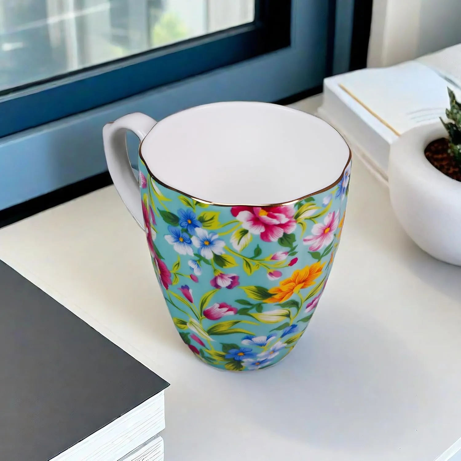 14oz Floral Mug Porcelain Coffee Tea Cups - Novetly Floral Coffee Mugs Flower Coffee Mugs for Women Men - Christmas Birthday Gifts for Dad Mom Brother Friend(Green)