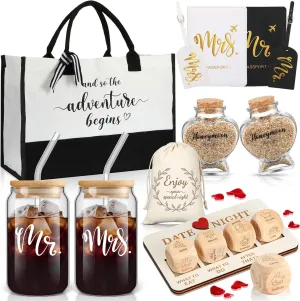 16 Pcs Wedding Gifts for Couple Mr Mrs Honeymoon Gifts Bridal Shower Engagement Favors with Glass Date Night Dice Passport Holder Baggage Tags Jar Tote Bag(Mr and Mrs)
