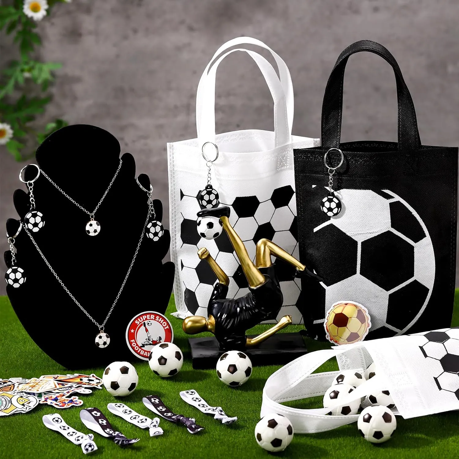 168 Pcs Soccer Party Favors Supplies Set Bulk, 24 Mini PU Foam Soccer Balls, Non Woven Bags, Keychain, Hairbands, Necklace, 48 Stickers Goodie Bag Fillers for Sports Birthday Decors Gifts