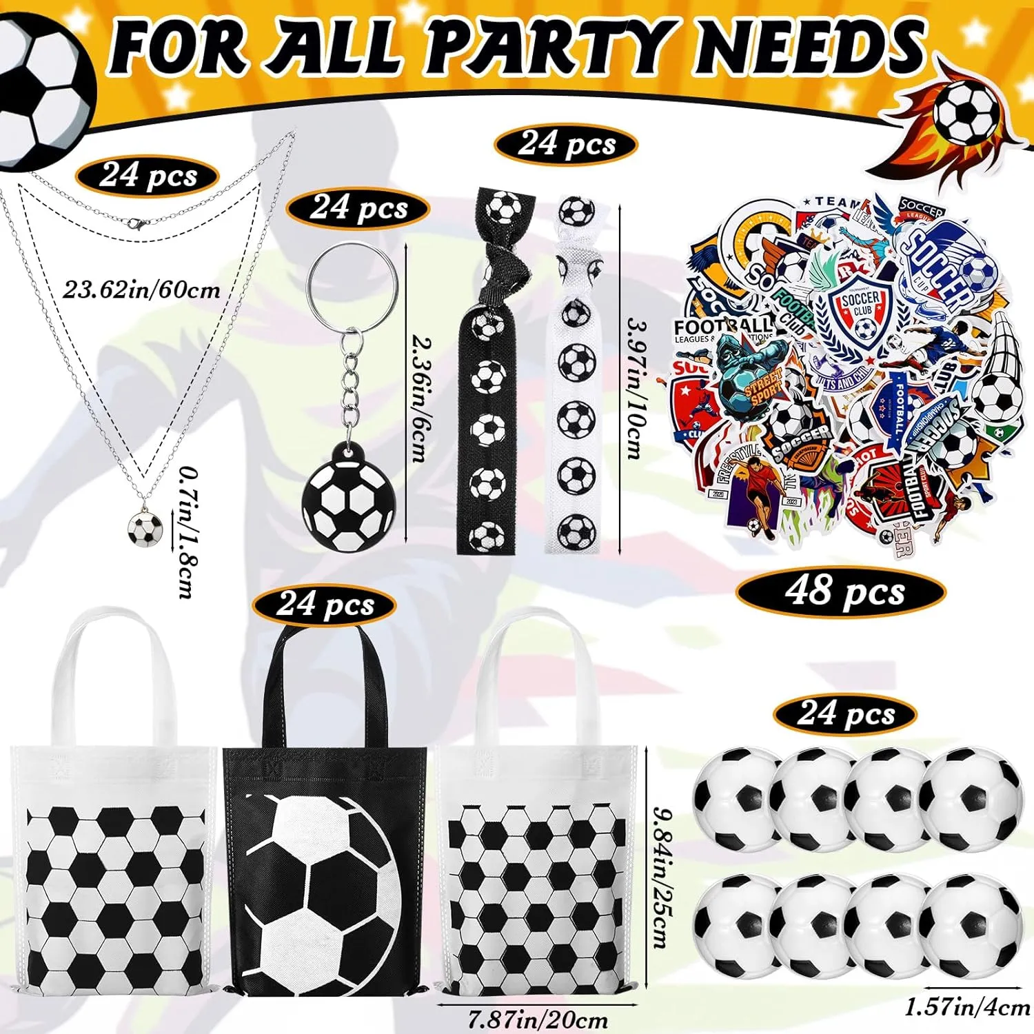 168 Pcs Soccer Party Favors Supplies Set Bulk, 24 Mini PU Foam Soccer Balls, Non Woven Bags, Keychain, Hairbands, Necklace, 48 Stickers Goodie Bag Fillers for Sports Birthday Decors Gifts