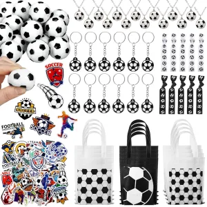 168 Pcs Soccer Party Favors Supplies Set Bulk, 24 Mini PU Foam Soccer Balls, Non Woven Bags, Keychain, Hairbands, Necklace, 48 Stickers Goodie Bag Fillers for Sports Birthday Decors Gifts