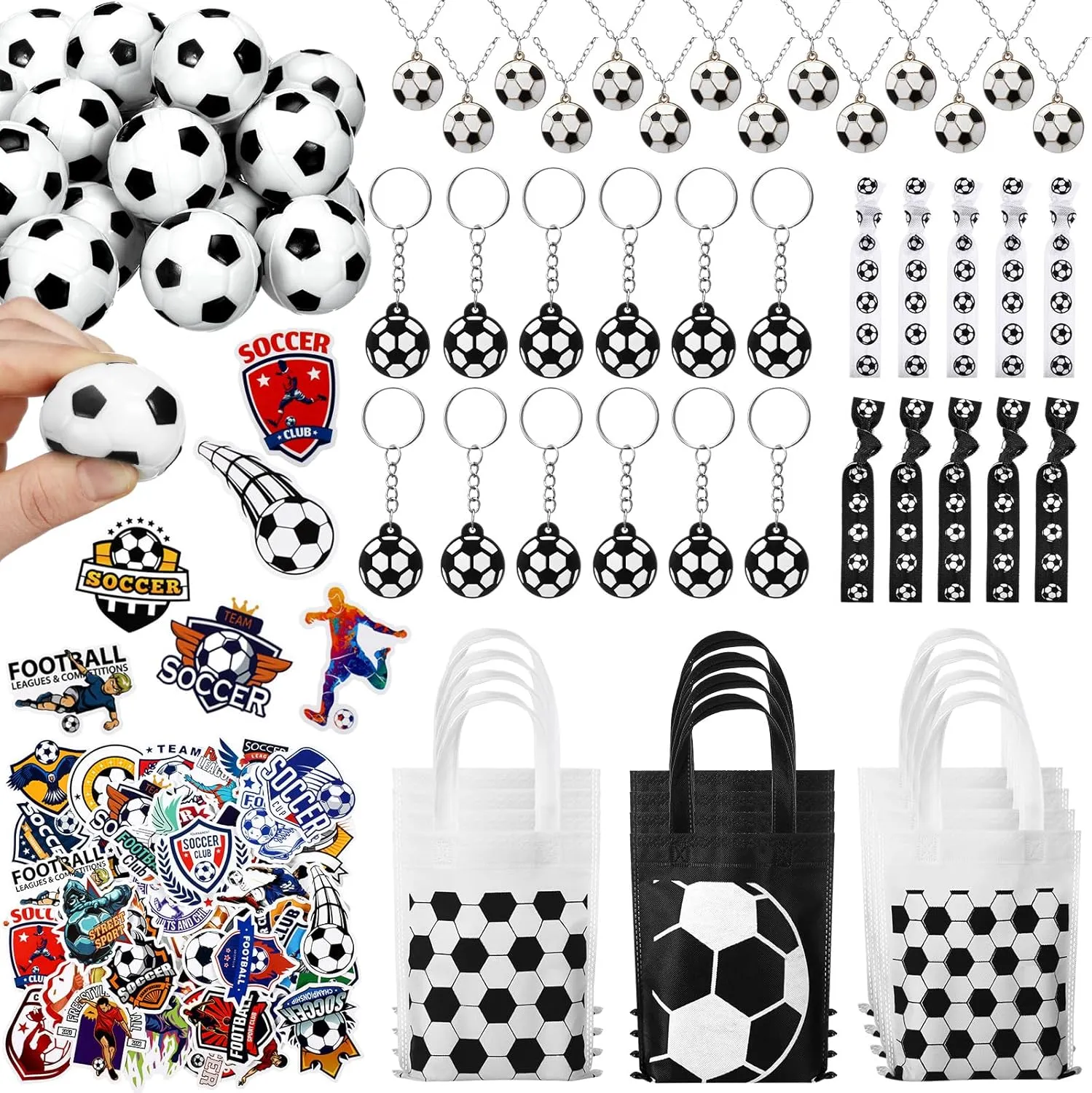 168 Pcs Soccer Party Favors Supplies Set Bulk, 24 Mini PU Foam Soccer Balls, Non Woven Bags, Keychain, Hairbands, Necklace, 48 Stickers Goodie Bag Fillers for Sports Birthday Decors Gifts