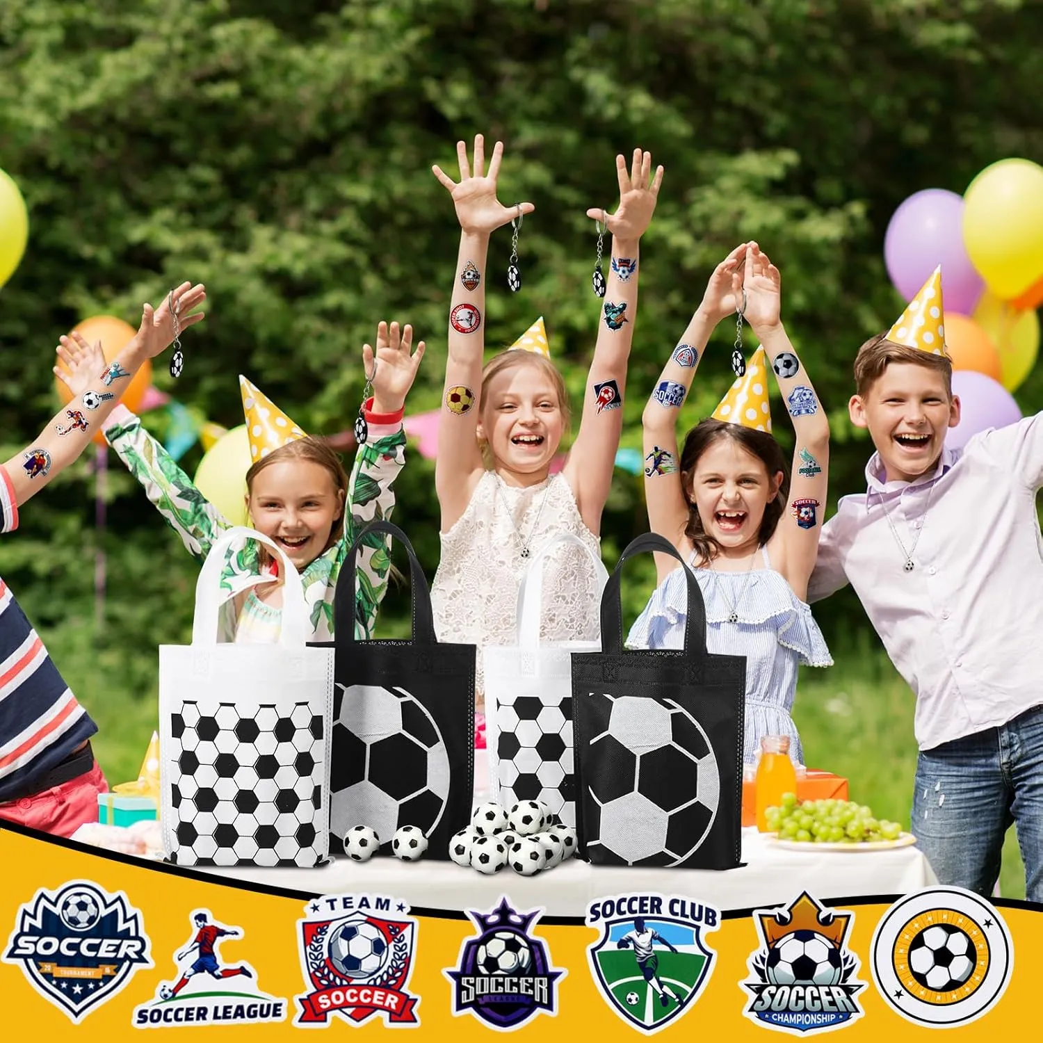 168 Pcs Soccer Party Favors Supplies Set Bulk, 24 Mini PU Foam Soccer Balls, Non Woven Bags, Keychain, Hairbands, Necklace, 48 Stickers Goodie Bag Fillers for Sports Birthday Decors Gifts