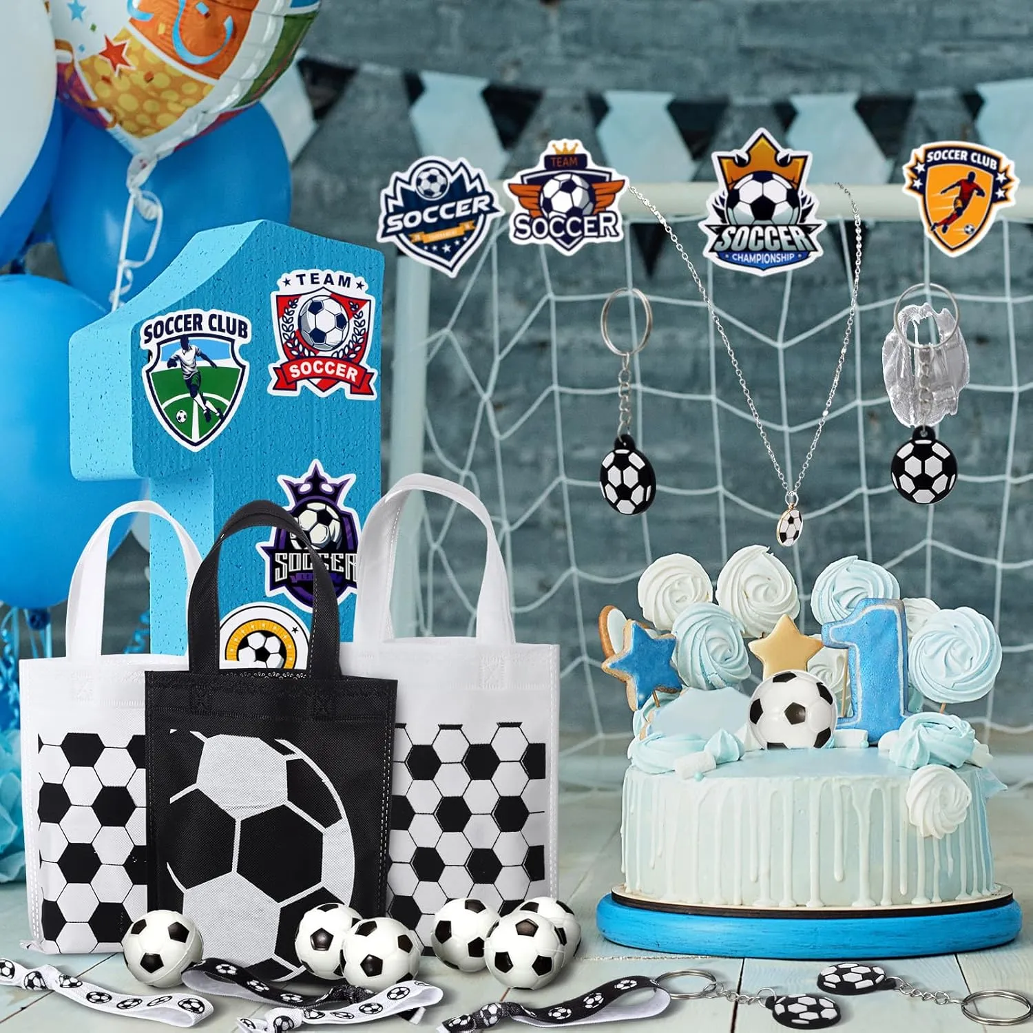 168 Pcs Soccer Party Favors Supplies Set Bulk, 24 Mini PU Foam Soccer Balls, Non Woven Bags, Keychain, Hairbands, Necklace, 48 Stickers Goodie Bag Fillers for Sports Birthday Decors Gifts