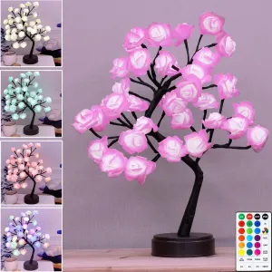18 Colors Rose Tree Lamp, Color Changing Multicolor Rose Table Lamp with Remote, Pink Flower Lamp Girls Gift for Mother’s Day, Lighted Tabletop Tree for Christmas Valentine’s Day Wedding Decor
