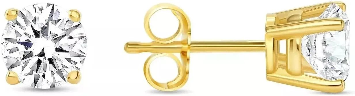 1Ct Round Cut Lab Created Diamond Stud Earrings Solid Real14K Yellow Gold Push Basket Earrings Jewellry For Women's Wear