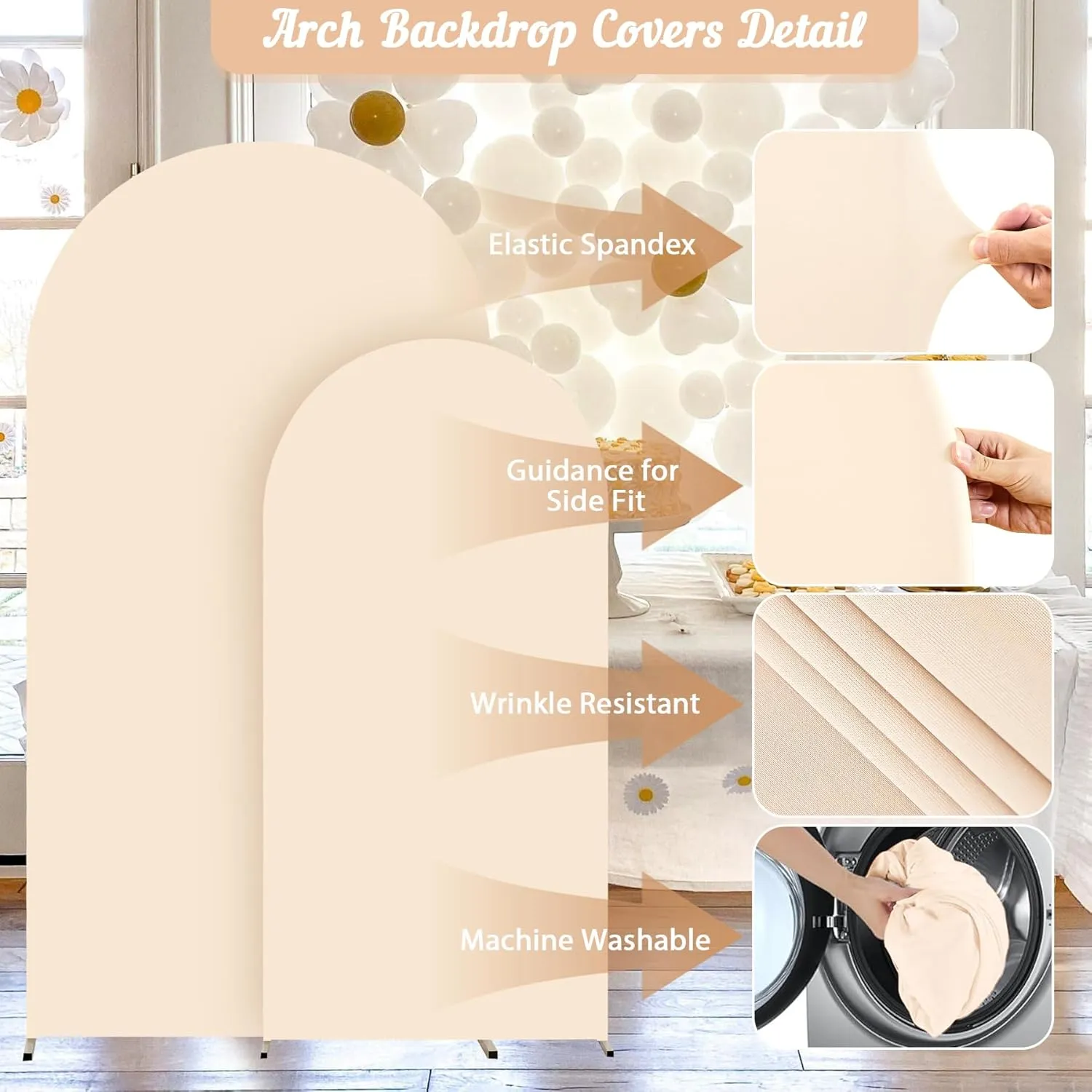 2 Set Champagne Arch Backdrop - 6.6FT, 5FT Spandex Fitted Wedding Arch Stand Cover With Round Top Chiara for Birthday Party Banquet Photo Background Decoration
