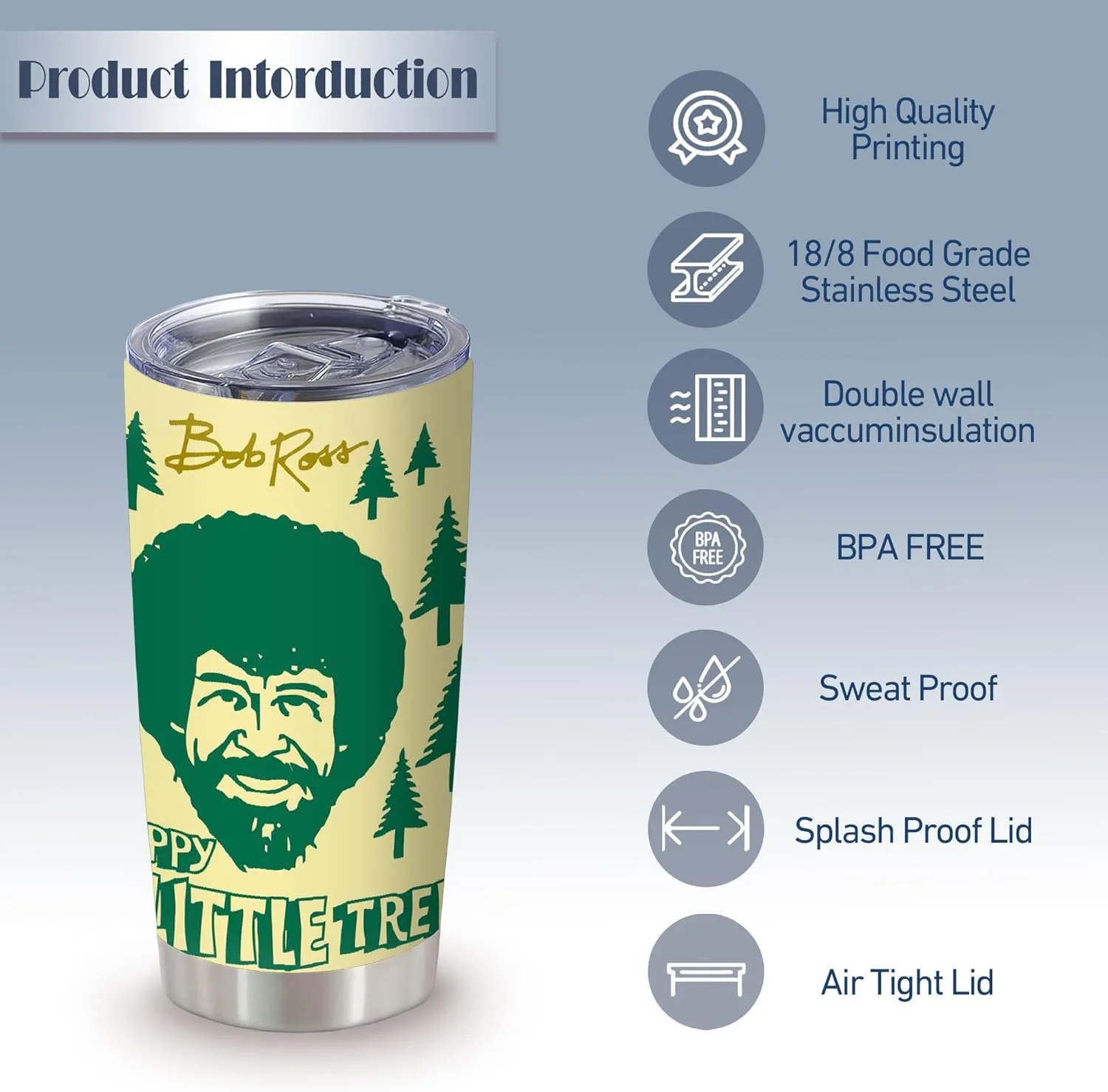 20 Oz Bob Ross Happy Little Trees Gift for Women,Gifts for Bob Ross Fans,Happy Accidents Gift for Men,Novelty with Quotes Present,Funny Stainless Steel Vacuum Tumbler with Lid,1 Pcs