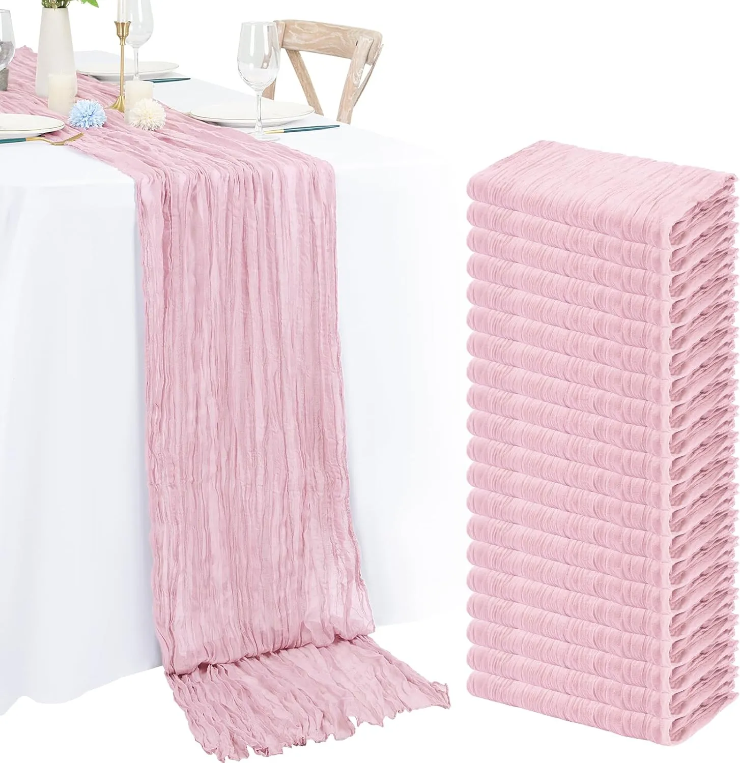 20 Pack 10Ft Light Pink Cheesecloth Table Runner Boho Romantic Gauze Table Runner Cheese Cloth Long Table Runner for Wedding Party Bridal Shower Thanksgiving Christmas Decoration