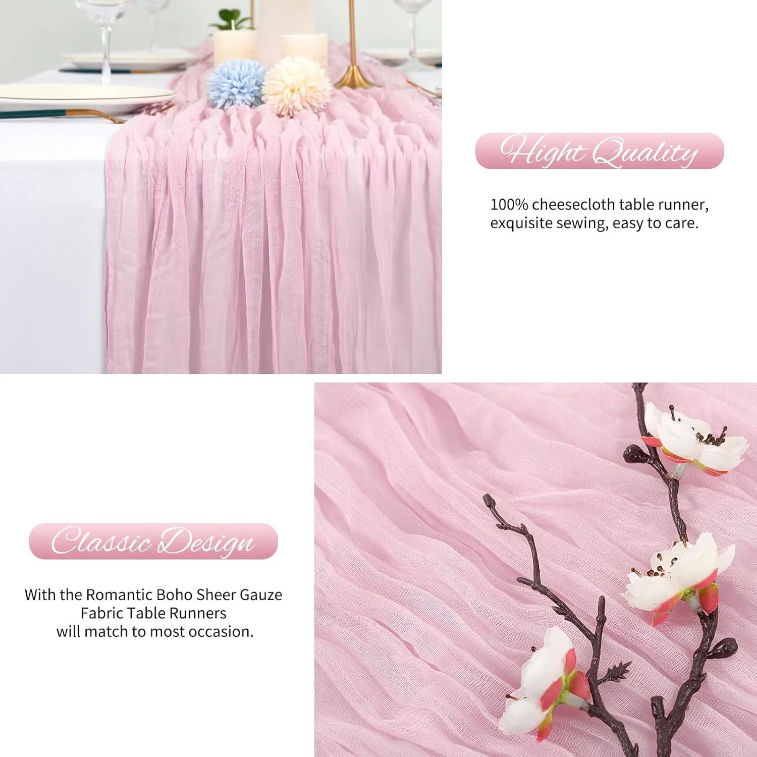 20 Pack 10Ft Light Pink Cheesecloth Table Runner Boho Romantic Gauze Table Runner Cheese Cloth Long Table Runner for Wedding Party Bridal Shower Thanksgiving Christmas Decoration