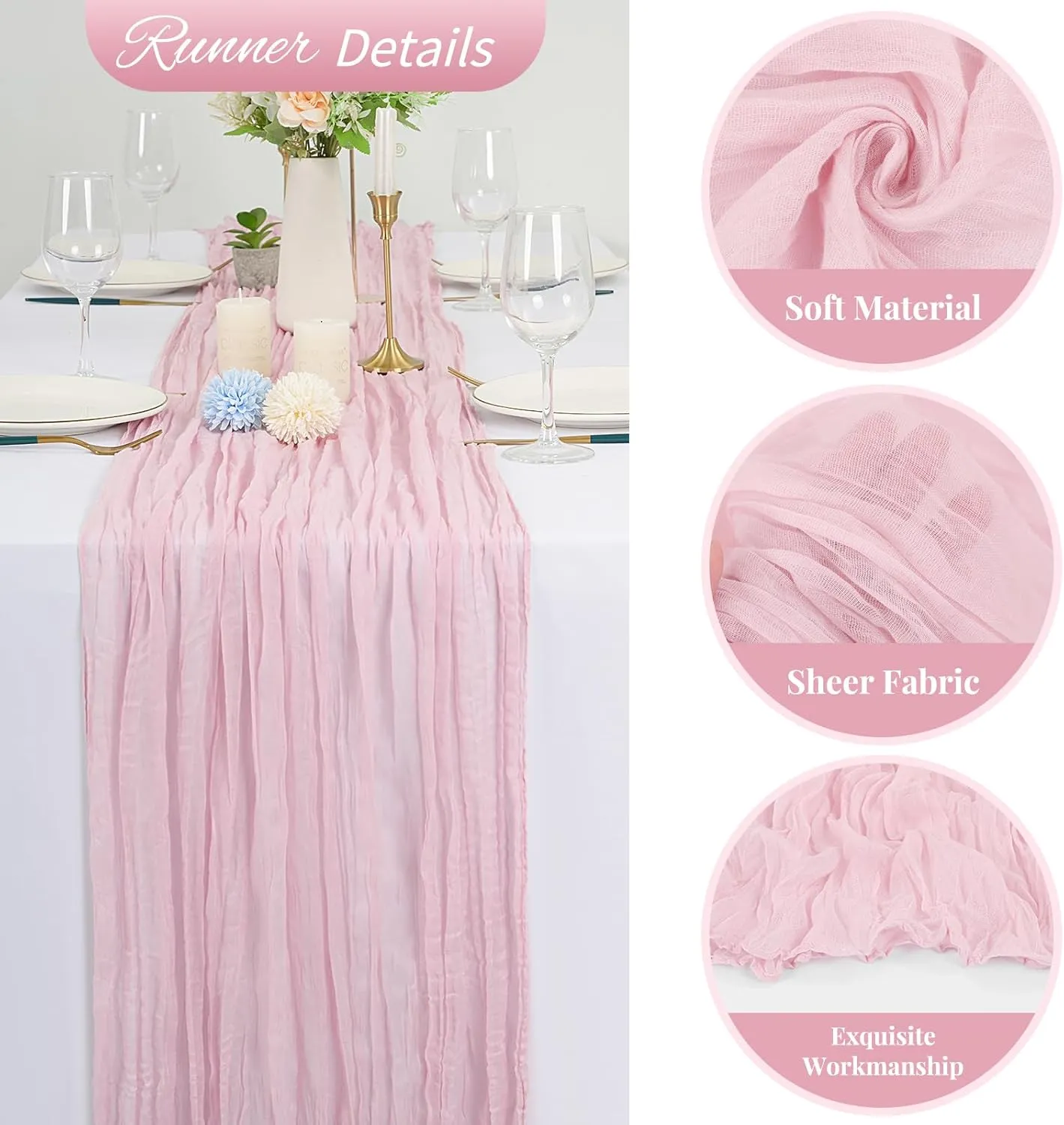 20 Pack 10Ft Light Pink Cheesecloth Table Runner Boho Romantic Gauze Table Runner Cheese Cloth Long Table Runner for Wedding Party Bridal Shower Thanksgiving Christmas Decoration