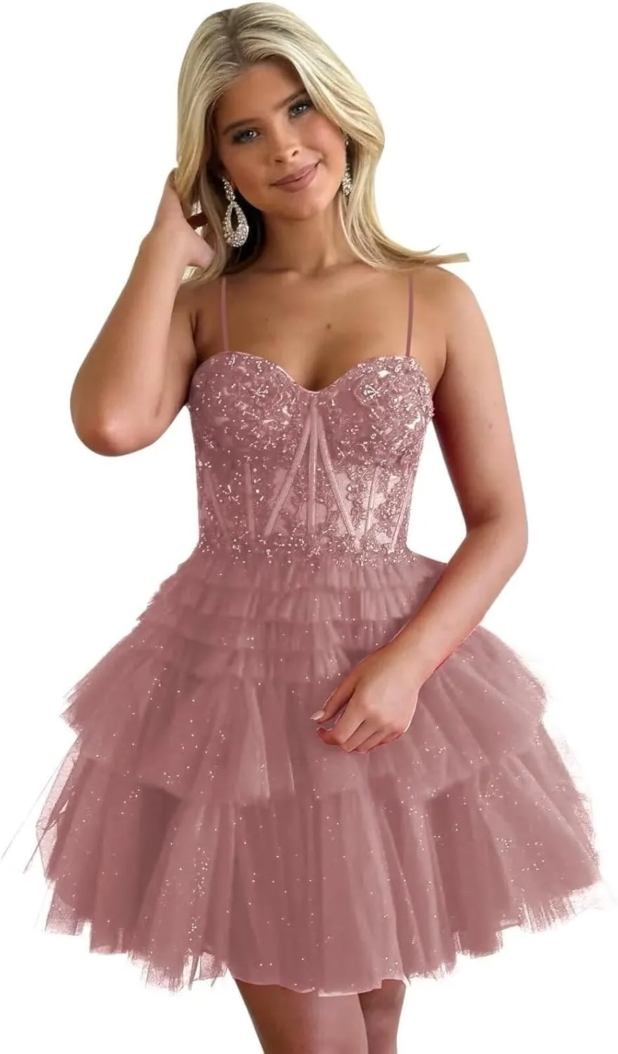 2024 Short Homecoming Dresses Spaghetti Straps Puffy Glitter Tulle Prom Gown Applique Sweetheart Cocktail Dress RQ026