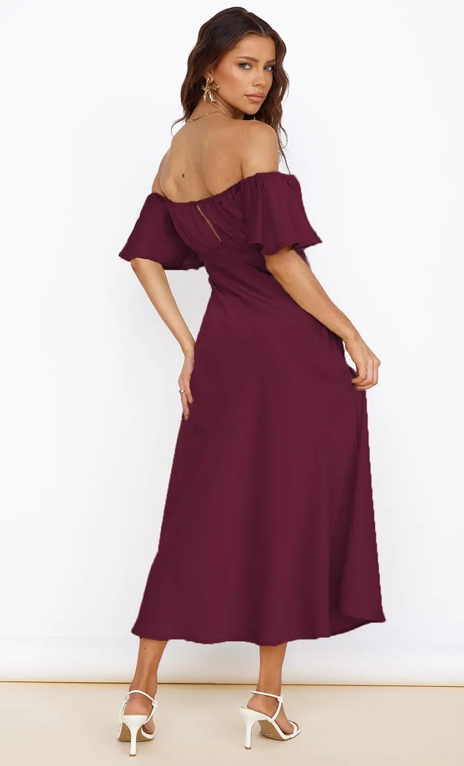 2025 Summer Women's Satin Off Shoulder Formal Dress Wedding Guest Elegant Butterfly Sleeve Split Cocktail Prom Midi Dresses