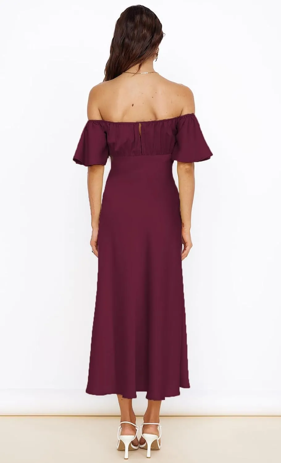 2025 Summer Women's Satin Off Shoulder Formal Dress Wedding Guest Elegant Butterfly Sleeve Split Cocktail Prom Midi Dresses