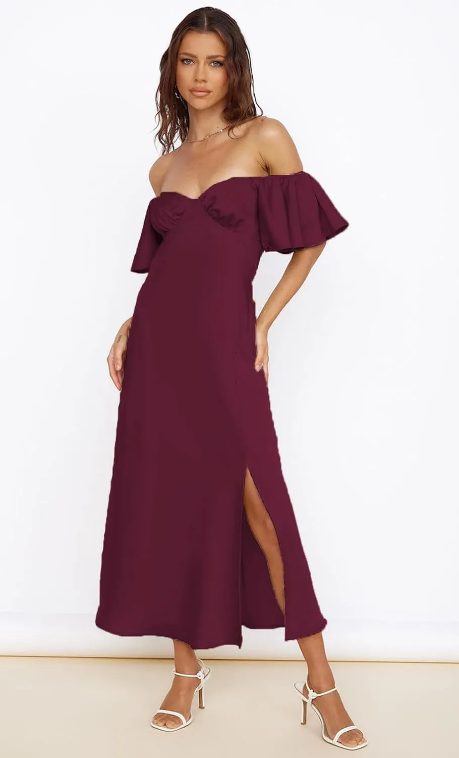 2025 Summer Women's Satin Off Shoulder Formal Dress Wedding Guest Elegant Butterfly Sleeve Split Cocktail Prom Midi Dresses