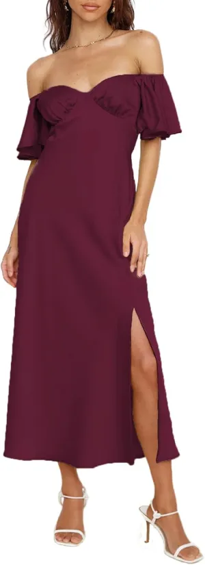 2025 Summer Women's Satin Off Shoulder Formal Dress Wedding Guest Elegant Butterfly Sleeve Split Cocktail Prom Midi Dresses