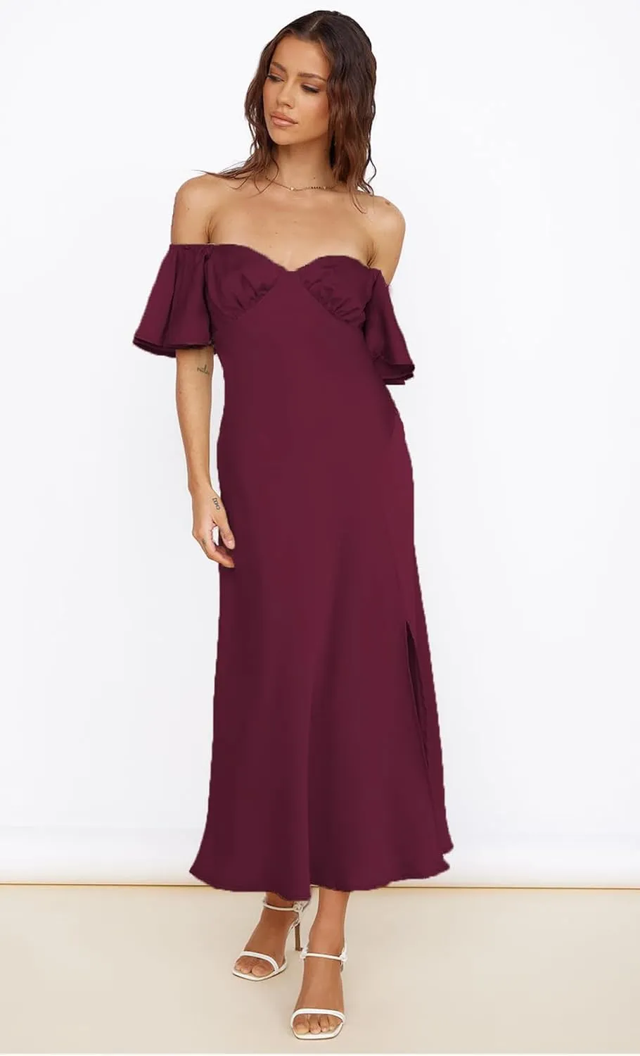 2025 Summer Women's Satin Off Shoulder Formal Dress Wedding Guest Elegant Butterfly Sleeve Split Cocktail Prom Midi Dresses