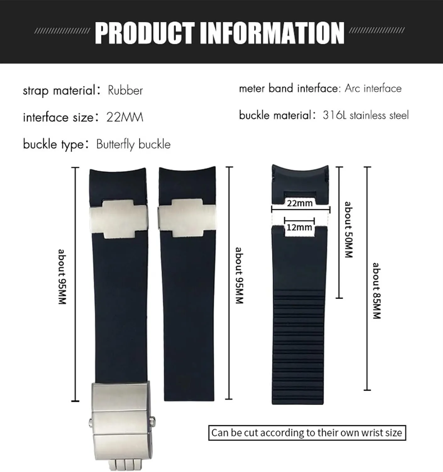22mm Silicone Rubber Watchbands Fit，For Ulysse Nardin Diver Silver Rose Gold Folding Buckle Black Blue Watch Strap