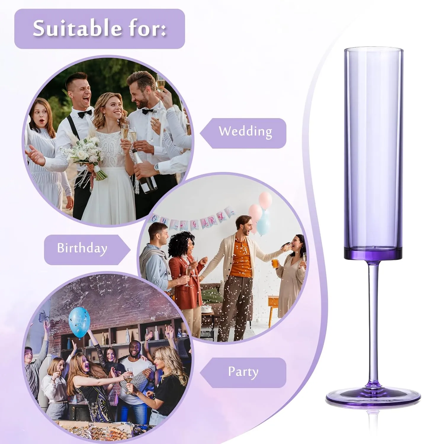24 PCS Purple Champagne Flutes Plastic 5.4 OZ Champagne Flutes Acrylic Reusable Pastel Colored Plastic Champagne Glasses Long Stem Wine Glasses Champagne Toasting Flutes Wedding For Shower Party