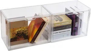 2PACKS Clear Book Storage Organizer for Bookshelf, Plastic Stackable Book Display Case with Magnetic Door, Acrylic Showcase for Toys Handbags, Shoes, Purses