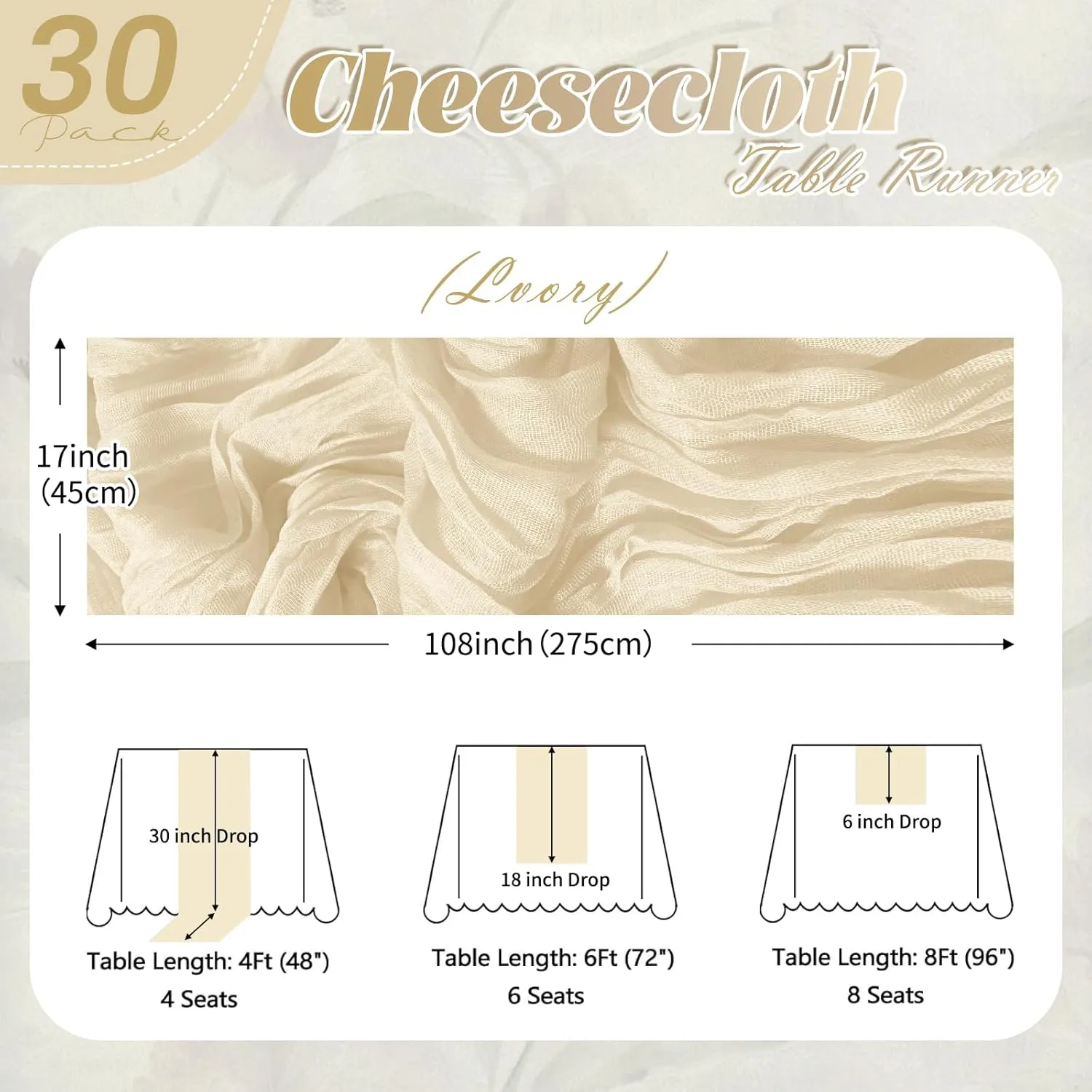 30 Pack Ivory Cheesecloth Table Runner 17 x 108 inch Cheese Cloth Table Runners 9ft Ivory Table Runner Rustic Romantic Sheer Gauze Runner for Wedding Party Baby Shower Table Decoration
