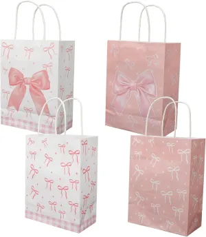30pcs Pink Bow Party Paper Gift Bags with Handles, Bow Knot Treat Bags for Girls Birthday, Baby Shower, Wedding, and Coquette Themed Parties