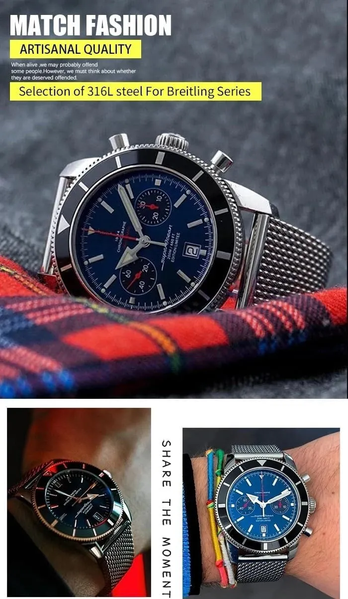 316L Stainless Steel 22mm 24mm Watch Band Fit for Breitling Superocean Heritage Solid Metal Bracelets Mesh Woven Strap