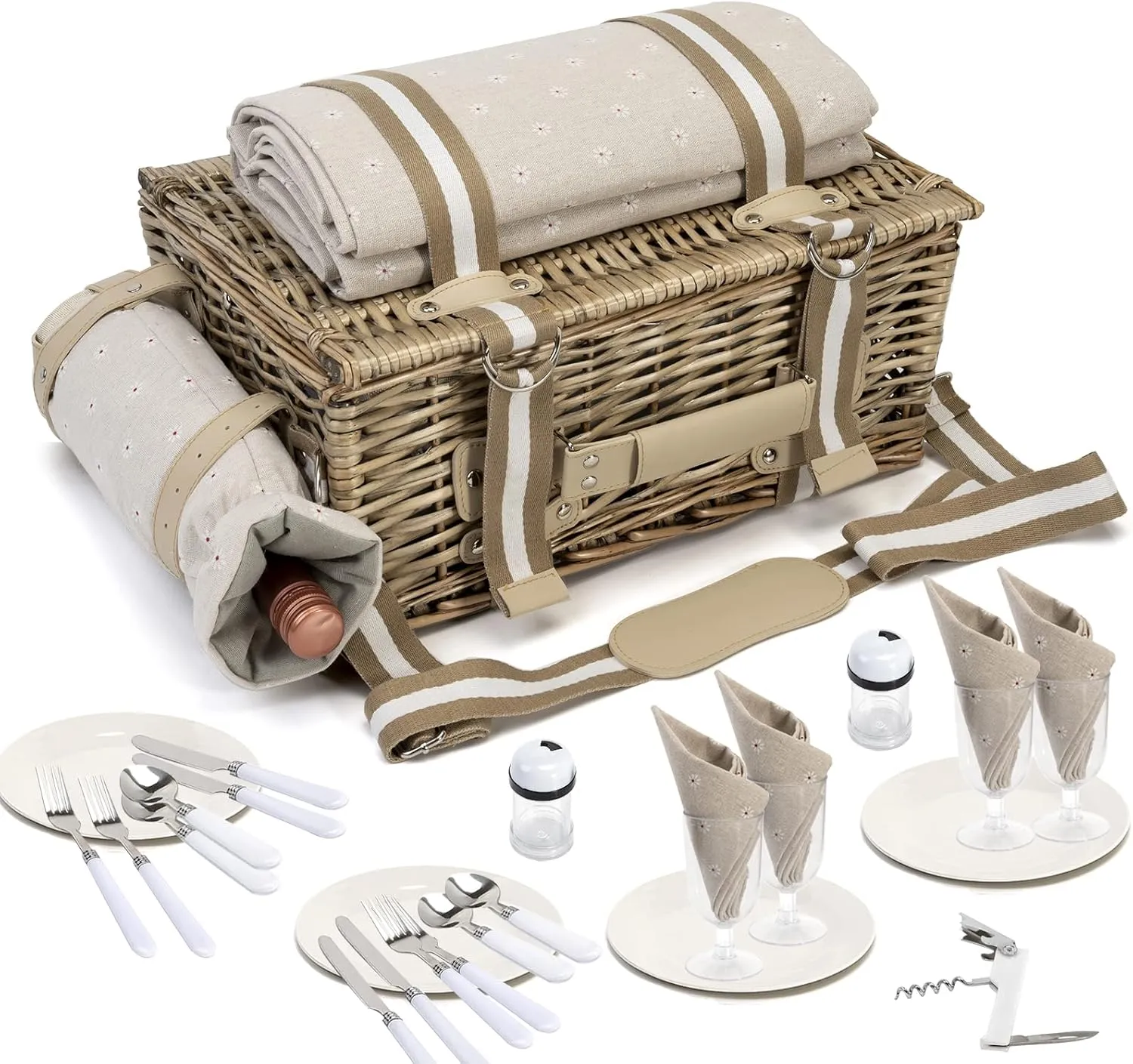 31Pcs Picnic Basket Set for 4 with Insulated Liner and Waterproof Blanket Wine Pouch, Large Wicker Picnic Hamper for Camping,Outdoor,Valentine Birthday Christmas for Couples