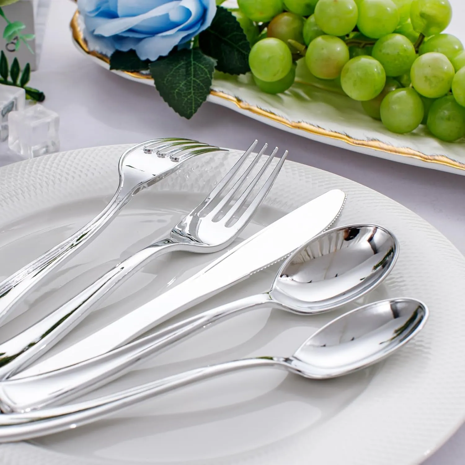 350 Pcs Silver Plastic Plates - Silver Dinnerware Set of 50 Dinner Plates 50 Dessert Plates 50 Silverware 50 Napkins 50 Cups for Party&Wedding