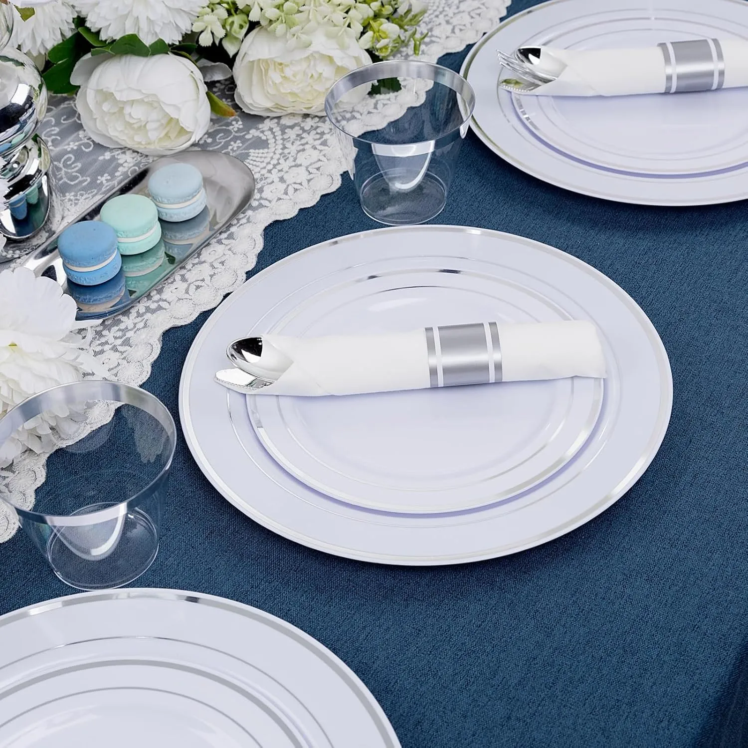 350 Pcs Silver Plastic Plates - Silver Dinnerware Set of 50 Dinner Plates 50 Dessert Plates 50 Silverware 50 Napkins 50 Cups for Party&Wedding