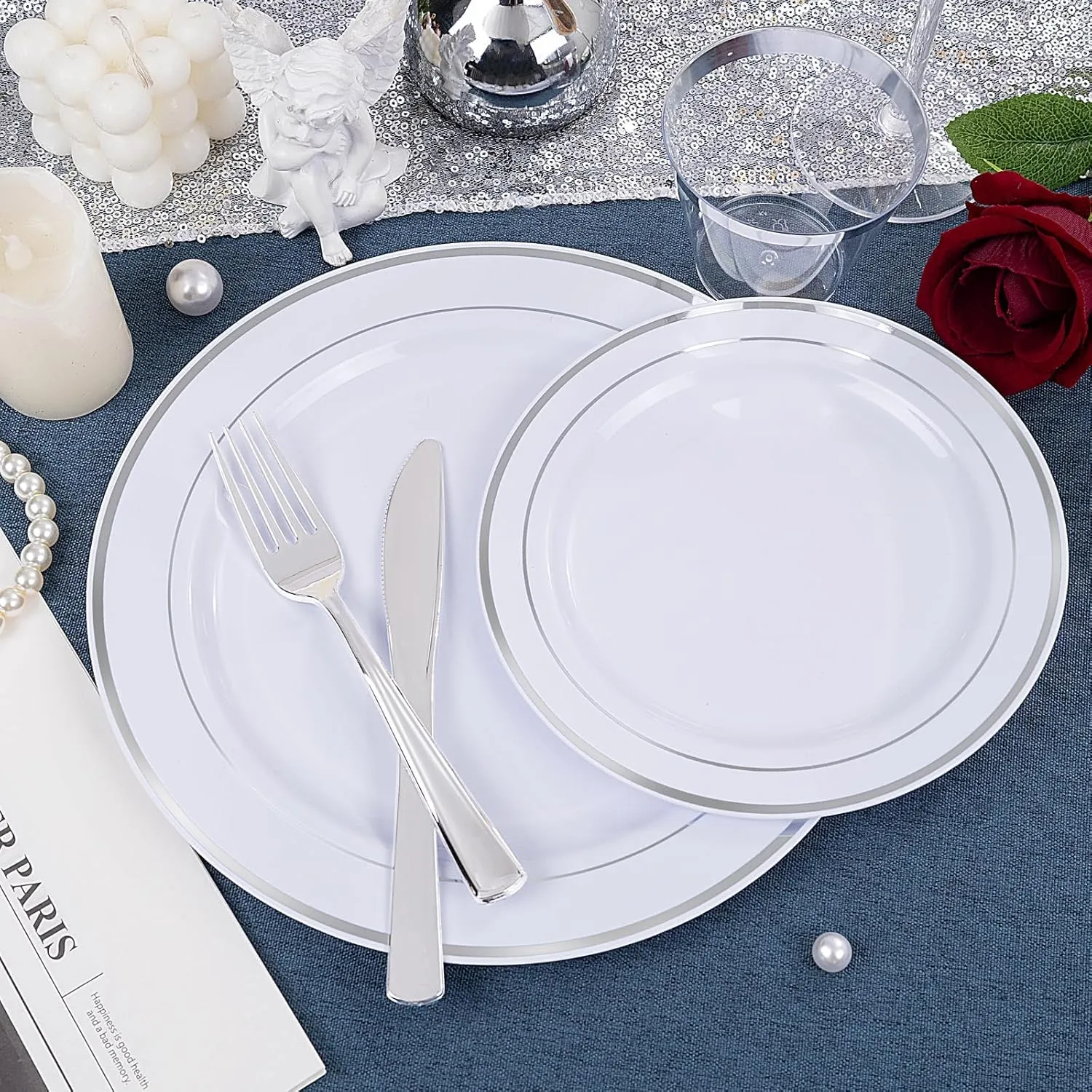350 Pcs Silver Plastic Plates - Silver Dinnerware Set of 50 Dinner Plates 50 Dessert Plates 50 Silverware 50 Napkins 50 Cups for Party&Wedding
