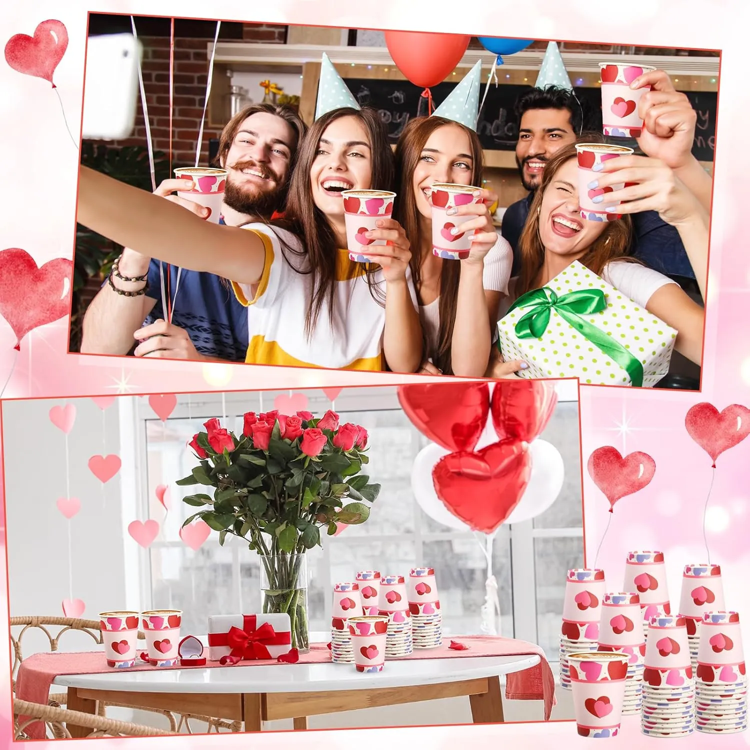50 Pcs Valentine's Day Paper Cups 12 oz Conversation Heart Paper Cups Disposable Valentines Cups Hot Chocolate Coffee Tea Drinking Cups for Anniversary Wedding Party Supplies(Red,Vivid)